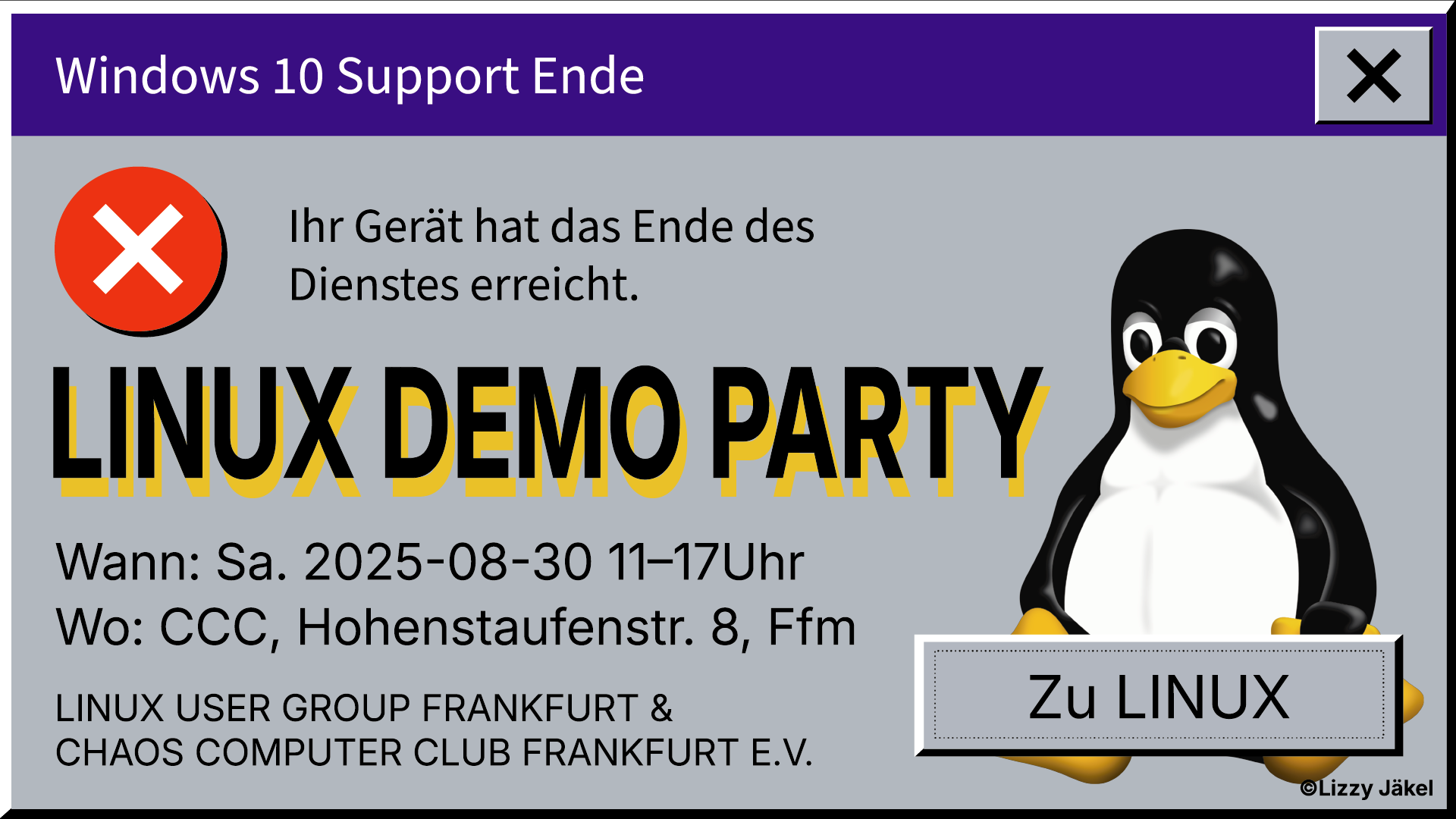 Hinweis auf Linux Demo Party am 30.8.2025. Stil: Wie alte Windows Fenster.